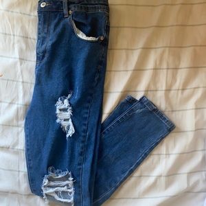 High rise distressed dark blue jeans